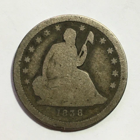 USA 1838 25 Cents Seated Liberty Quarter Silver Coin KM# 64.1 AG About Good Cover