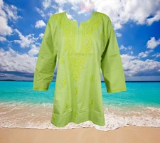 Summer Embroidered Blouse Kurti Top, Boho Indi Kiwi Green Handmade Tunic Top M