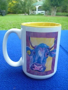 Caprichosa Acuarela Brillante Vaca Toro con Etiqueta de Oreja K. W. Bell KWBell Artista Taza Taza - Imagen 1 de 2
