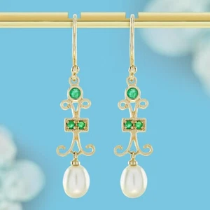 9K Yellow Gold Natural Emerald and Pearl Drop Earrings - Picture 1 of 6