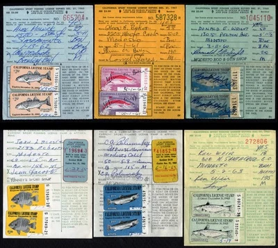 Seis licencias de pesca deportiva de residentes de California vintage 1960-1965 con 2 estampillas Foto 1 de 4