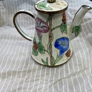 VINTAGE MINI HANDBEMALTE BLUMEN MARIENKÄFER METALL EMAILLE/MESSING TEEKANNE/WASSERKANNE - Bild 1 von 4