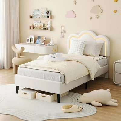 39*78.7*46" Twin Upholstered Bed Frame Adjustable Bear Headboard Kids Bed Beige - Image 1 of 4