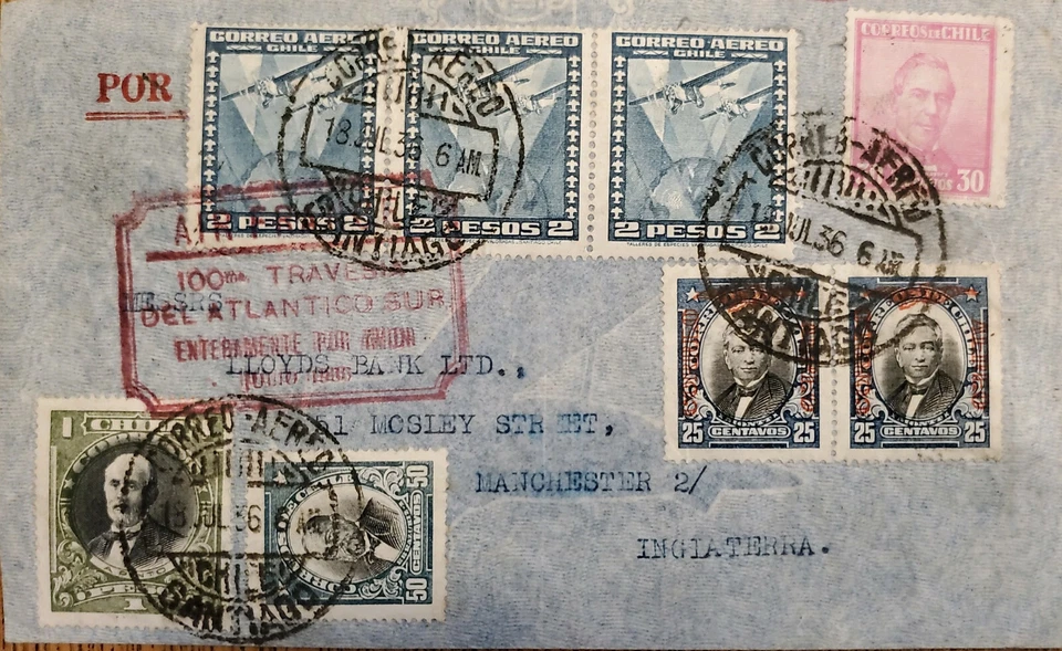 J) 1938 CHILE, CANCELACIÓN ROJA, AVIÓN, CORREO AÉREO, CUBIERTA CIRCULADA, DE CHILE Foto 1 de 1