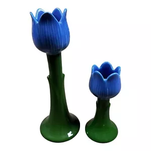 Henriksen Imports San Francisco Ceramic Tulip Candle Stick Holders Blue Set - Picture 1 of 7