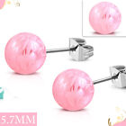 5.7Mm Flower Paint Pink Acrylic Bead Ball W/ Stainless Steel Stud Earrings Pair