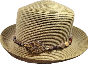 Karen Keith Bucket Hat Dark Tan Wood Carved Necklace Ribbon Lace Medium Women's - Picture 1 of 2