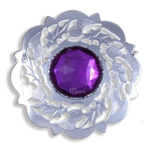 Miracle BROOCH CAP BADGE THISTLE BORDER FAUX AMETHYST STONE UK MADE KILT PLAID - Picture 1 of 3