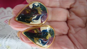 VINTAGE MULTI COLOR ENAMEL PIERCED EARRINGS - Picture 1 of 3