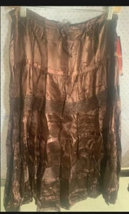 Satin weicher Damen Rock schoko braun L Spitze knielang Tunnelzug sexy Party - Bild 1 von 2