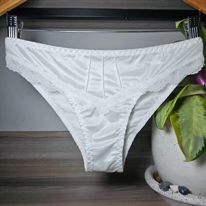 Slippery Nylon Spandex Panty Sissy White Bikini Lace Brief Size 7 /L Hip 37-40" - Picture 1 of 14