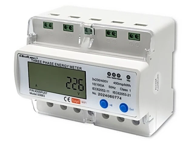 50883 Digital meter, DIN rail mounting, 3-phase, LCD, 50Hz, QOLTEC - Image 1 of 1