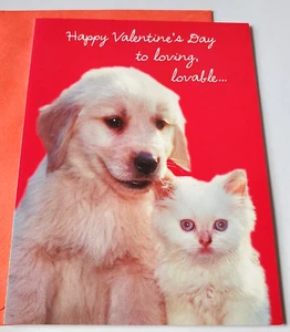Valentine Card Cute Puppy and White Kitten Happy Valentine's Day - Picture 1 of 3