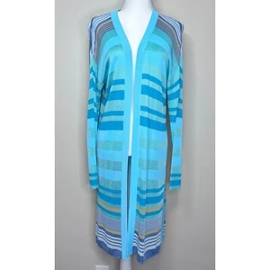 Sigrid Olsen Open Front Cardigan Women Large Blue Stripe Longline Soft Viscose - Picture 1 of 7