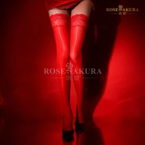 Rose Sakura Oil Shiny Glossy Stockings Lace Silicone Stay Up Thigh-Highs Hosiery - Picture 1 of 21