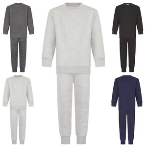 Boys Plain Tracksuit Fleece Pullover Cotton Kids Sweatshirt Jogging Bottom Black - Picture 1 of 9