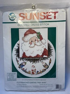 Vintage 1991 Sunset Counted Cross Stitch Kit Old Fashioned Santas Tree Skirt 46” - Picture 1 of 5