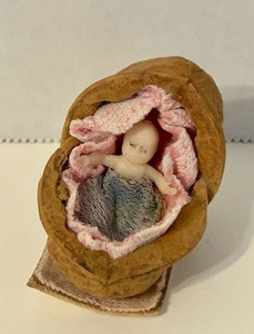 Vintage Miniature Baby In Acorn 2” Acorn Bassinet  - Picture 1 of 8