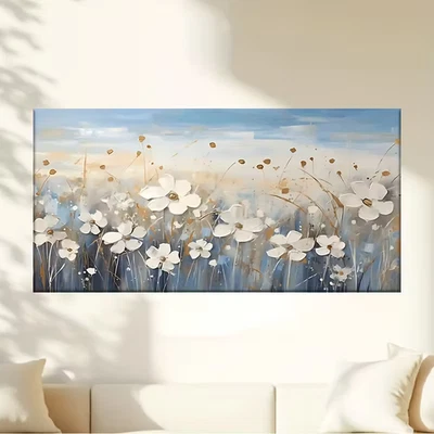 Abstract White Floral Field Painting Unframed Canvas Painting for Living - Image 1 of 4