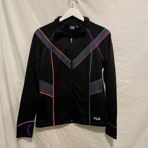 Fila Women's Windbreaker Jacket Full Zip Black/multicolor Size Medium Thumbholes - Picture 1 of 5