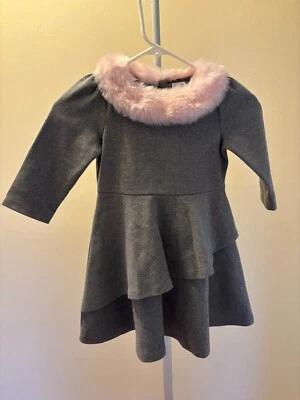 JANIE AND JACK  BEAUTIFUL GRAY KNIT W PINK FAUX FUR COLLAR TRIM DRESS GIRLS  5 - Image 1 of 4