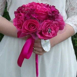 Artificial Cerise / Hot Pink Rose Wedding Bridal Bouquets /Buttonholes /Pomander - Picture 1 of 4