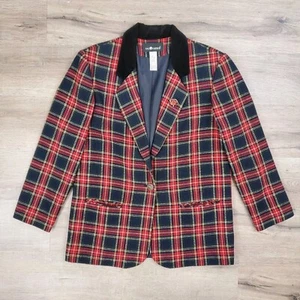 Vintage Sag Harbor karierter Blazer Wollmischung 14 Samtkragen adrette Akademie Urlaub - Bild 1 von 14