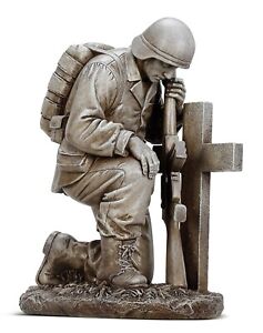 Kneeling Soldier by Cross Rifle Military Gravestone Garden Statue Decor