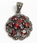 Gorgeous Sterling silver 925 Marcasite Red Garnet Gemstone Necklace Pendant CPT