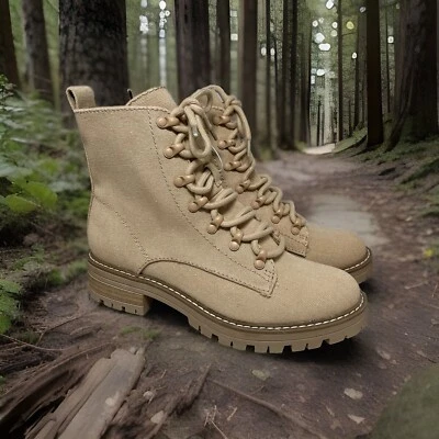 Women Canvas Lace Up Boots Size 7.5 Beige Side Zip Combat Universal Thread Gift - Image 1 of 4
