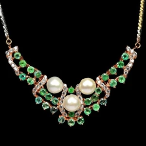 NATURAL WHITE PEARL, GREEN EMERALD & CZ STERLING 925 SILVER NECKLACE 18.5 INCH. - Picture 1 of 8