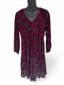 Just…Taylor Burgundy Velvet Burnout 3/4 Puff Sleeves Babydoll Sz 12 Whimsigoth - Picture 1 of 14