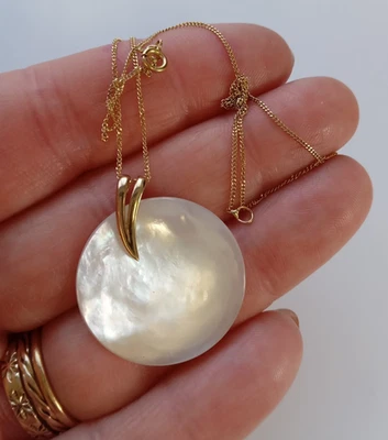 Vintage Yellow Metal Mother Of Pearl Moon Necklace Signed 375 Kayandbro RRP £325 - Image 1 of 4