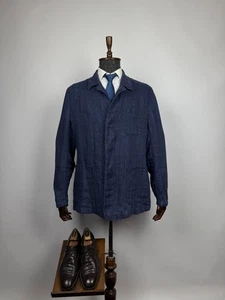 Massimo Dutti Men's Navy Blue Linen Herringbone Working Safari Blazer Jacket XXL - Picture 1 of 14