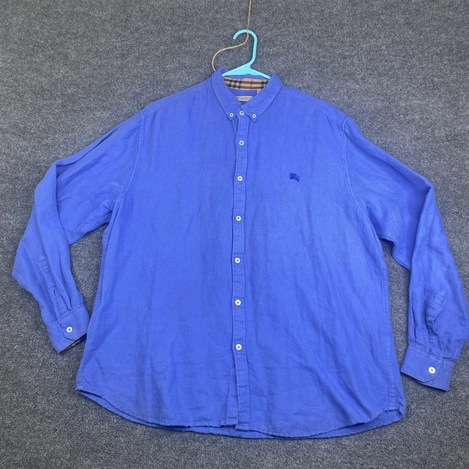 Burberry Brit Shirt Mens 4XL Blue Linen Cotton Button Down Plaid Trim Casual - Image 1 of 4