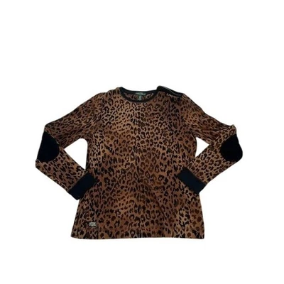 Top Lauren Ralph Lauren para mujer estampado de leopardo LS XL imitación gamuza parches en el codo Foto 1 de 4