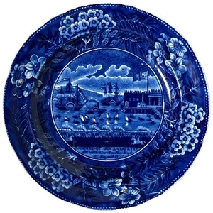 Antique Landing Of General Lafayette Blue Staffordshire Transferware Plate Clews - Picture 1 of 5
