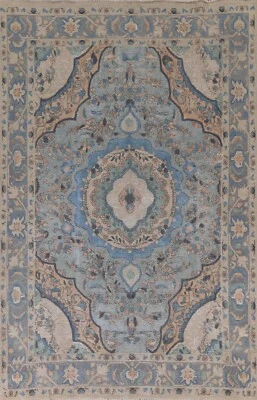 Tapete de área semi-antigo 6x9 floral azul tradicional feito à mão lã - Imagem 1 de 4