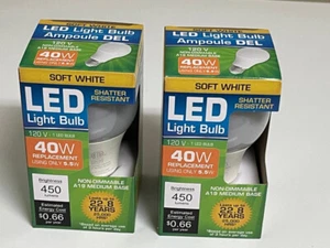 2 SOFT WHITE LED LIGHT BULBS SHATTER RESISTANT 40W 450 LUMENS A19 MEDIUM BASE - Picture 1 of 1