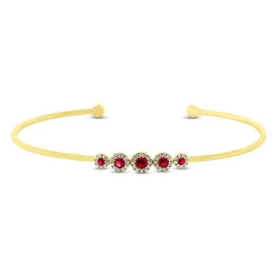 Red Ruby Diamond Cuff Bangle 14K Yellow Gold Halo Minimalist Bracelet 0.42tcw - Image 1 of 2