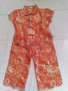 Vtg Toddler Asian Girl's Silk brocade Pajamas Orange/ Gold