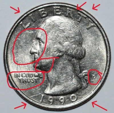 1990 D Washington Quarter Error Double-Die Mint Mark, DD Wing Die Clash - Image 1 of 4