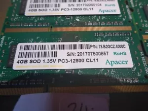 4GB APACER 78.B2GCZ.4000C SOD 1.35V PC3-12800 CL11 NOTEBOOK MEMORY - Picture 1 of 4