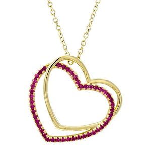 Double Heart Ruby Necklace Gold Over Sterling Silver 50 Ruby Stones 18" Chain