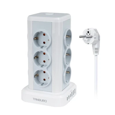 TANBURO 12 Fach Steckdosenleiste Tower EU Steckdosen Mit USB C Überspannungsschutz 2M