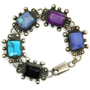 Vintage Taxco Mexico 925 Sterling Silver Multicolor Gemstone Link Bracelet - Picture 1 of 11