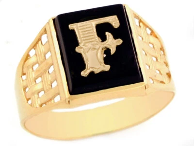 Anillo de oro amarillo de 10k o 14k audaz de ónix negro para hombre tejido de canasta letra inicial F Foto 1 de 4