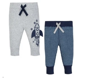 Gerber Baby Boy 2-Pack Organic Cotton Navy/Gray Rocket Ship Pants Size 3-9M - Picture 1 of 3