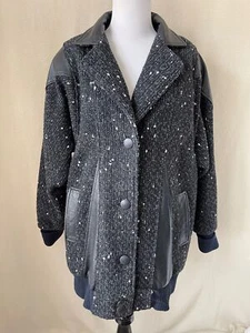 Vintage 80's Maggie Lawrence Leather Trimmed Wool Blend Flecked Tweed Coat - Picture 1 of 12