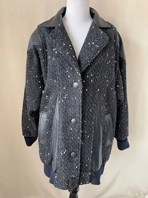 Vintage 80's Maggie Lawrence Leather Trimmed Wool Blend Flecked Tweed Coat - Image 1 of 4
